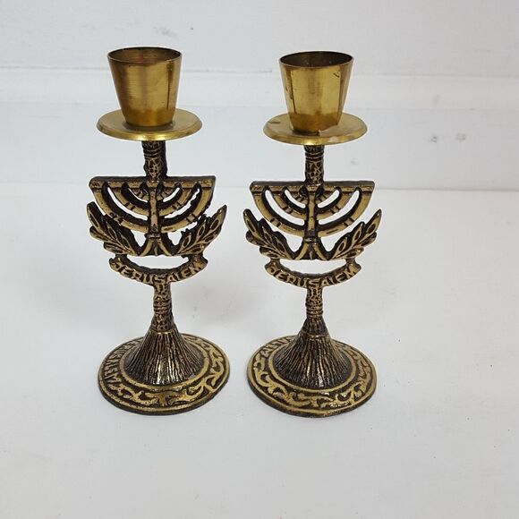 Brass  Candle Holders 5" JERUSALEM Set of 2 - Picture 1 of 8